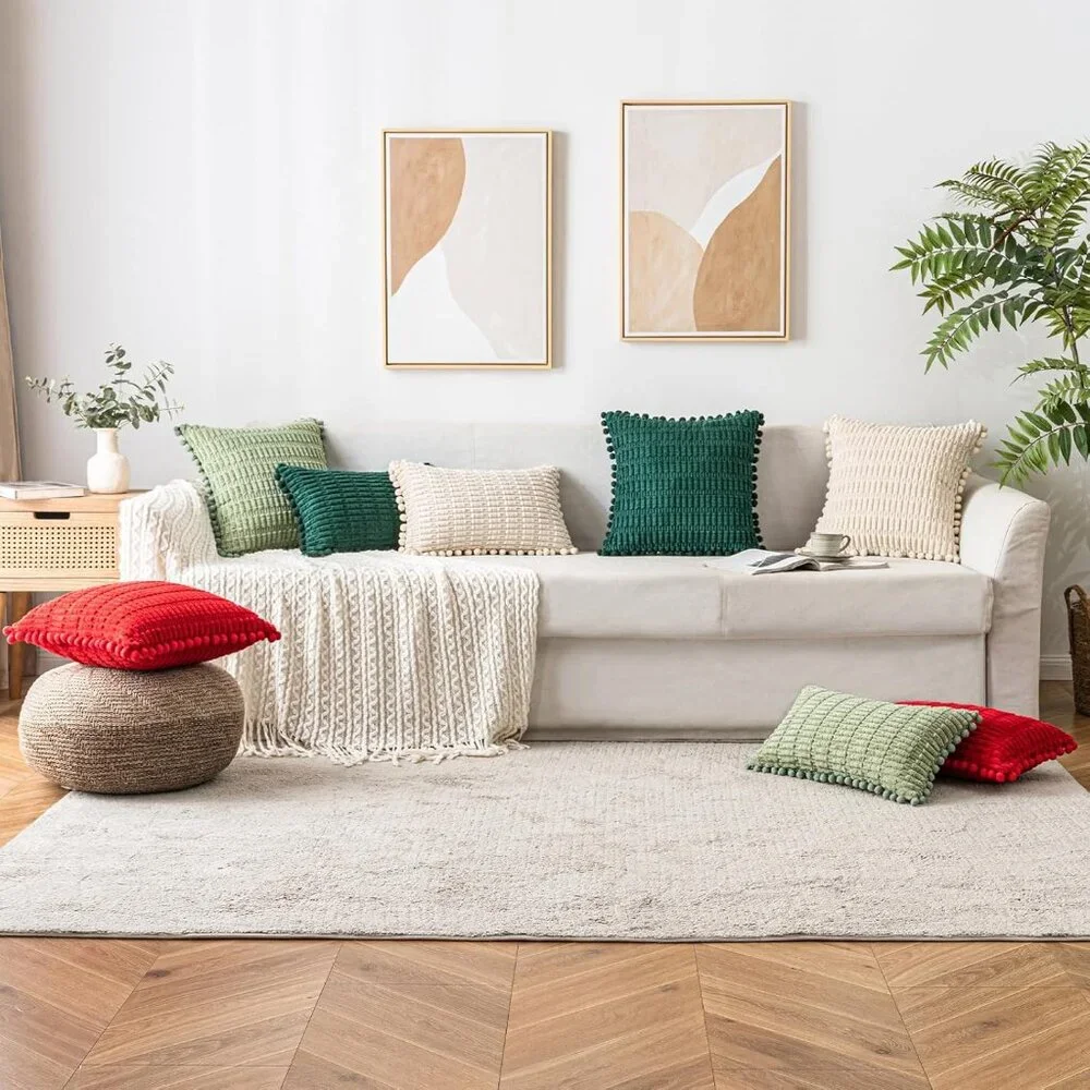 Square Chenille Pillow Cover with Pom Pom Detail Throw Pillow Slipcover Green